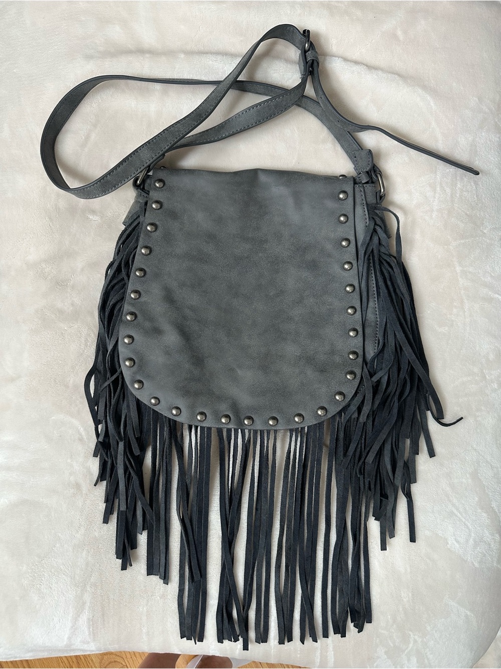 Shiraleah Gray Fringe Crossbody with Stud Accents